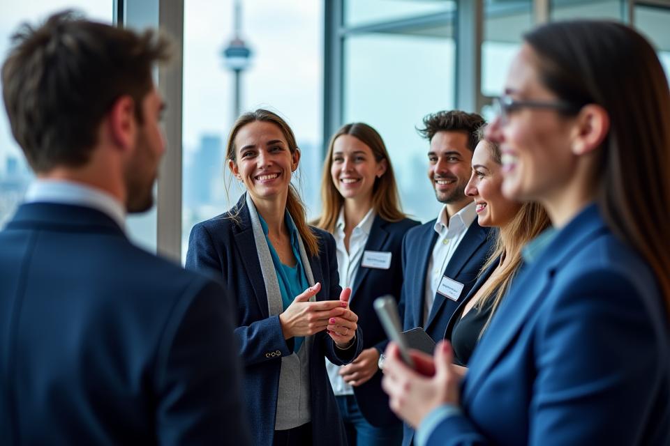 A diverse group of professionals networking at a community event, symbolizing Compass North Talent's active involvement in Toronto's business community.
