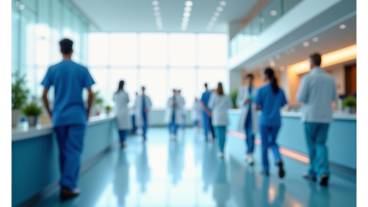 Diverse healthcare professionals collaborating in a modern hospital setting, symbolizing expert talent acquisition.