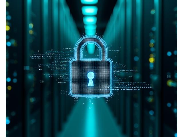 A stylized padlock icon with binary code flowing around it, representing digital security and encryption. The background suggests a secure data center environment, rendered in dark blues and greens to signify protection.